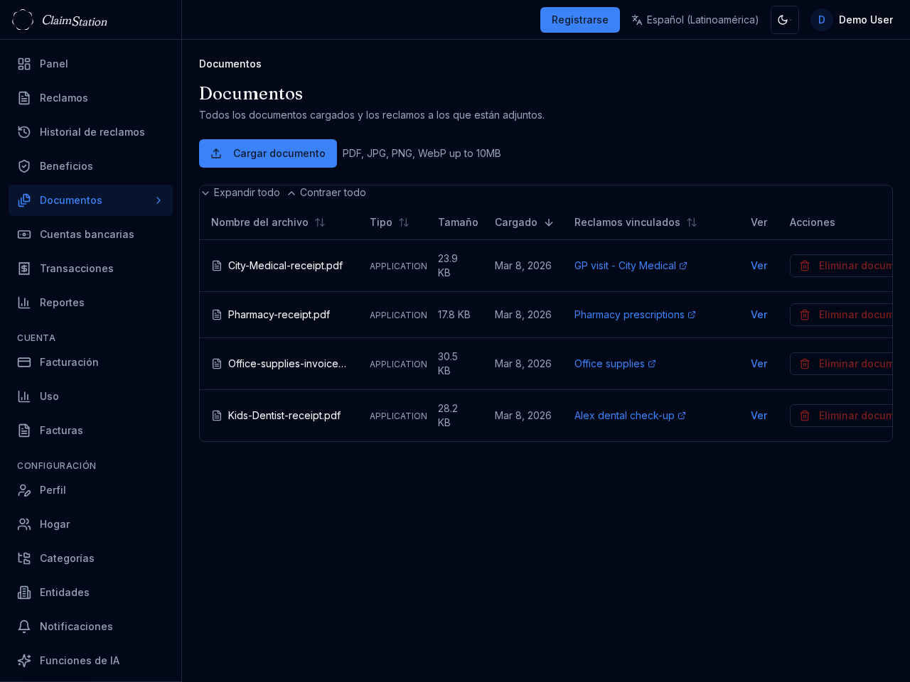 Vista de documentos de ClaimStation